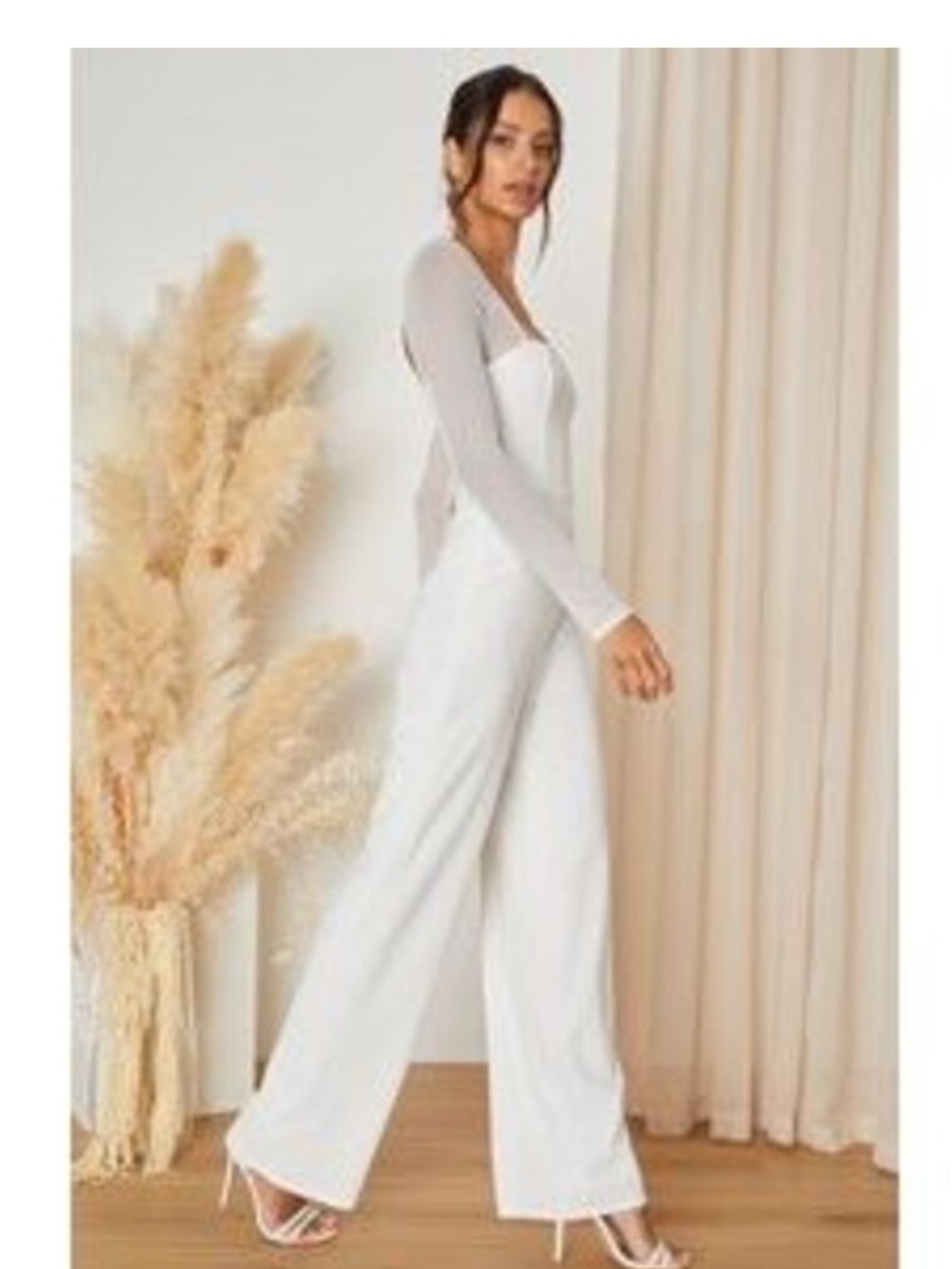 NWT Lulus Lovingly Yours White Mesh Long Sleeve Jumpsuit Size M
